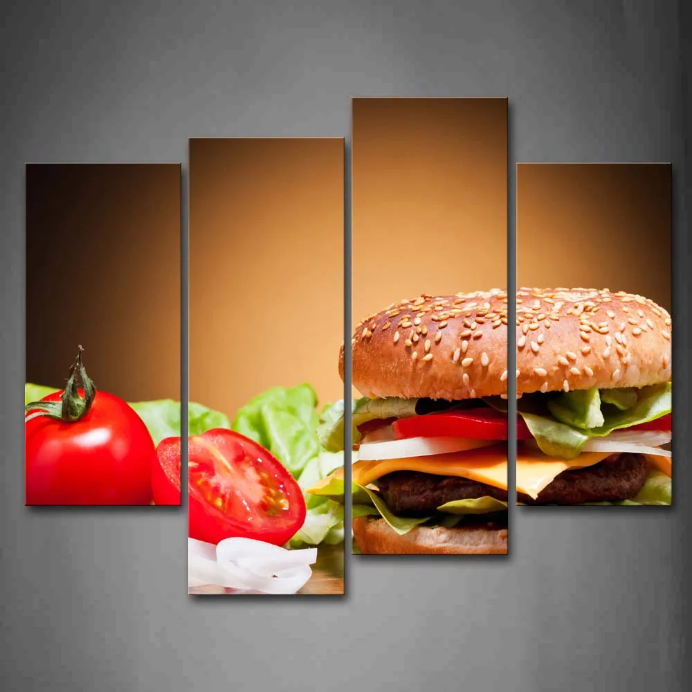 

Framed Wall Art Pictures Burger Meat Vegetables Canvas Print Food Posters With Wooden Frames For Home Living Room Decor