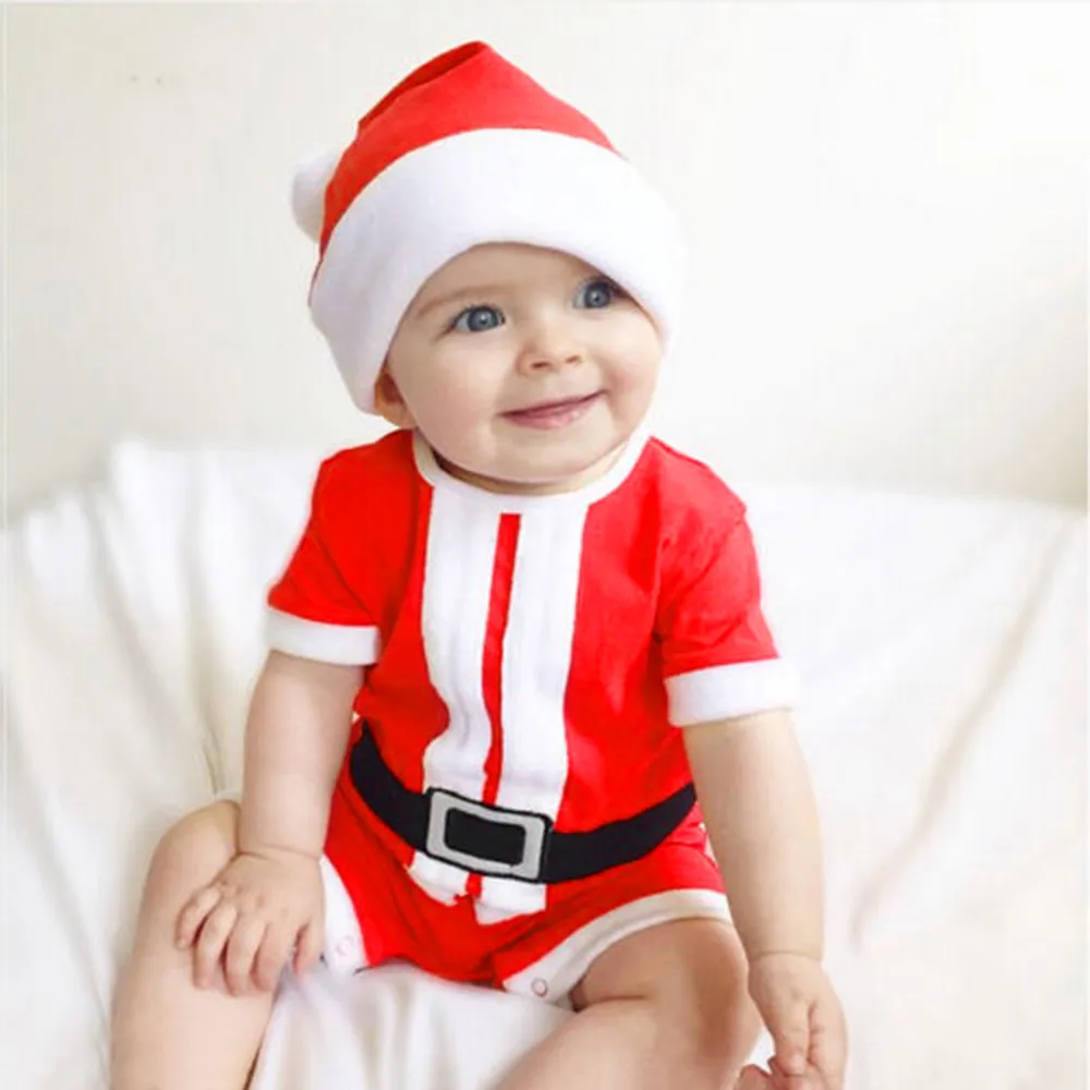 Santa Claus Christmas Costume Newborn Baby Girl Boy Clothes Xmas Belt Print Romper Jumpsuit Hat Outfits 2 Piece Set For Children