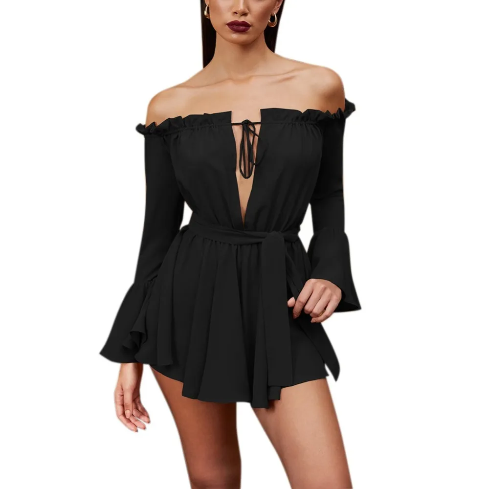 

New Women Spring One Word Collar Strapless Halter Short Sleeve Solid Color Loose Mid-Length Casual Dress 2019