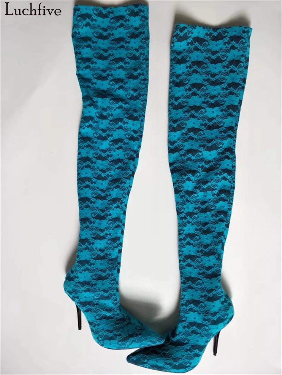 

Sexy Woman Bright color velvet Thigh High Boots High Heels ankle boots Pointed toe lace Floral Over the Knee Long Booties