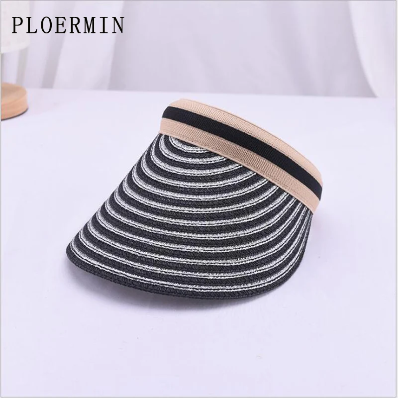 PLOERMIN 2019 جديد حار الأزياء شاطئ كاب الظل فارغة أعلى الذهب موضوع شريط قبعات من القش الإناث الصيف واسعة حافة واقية من الشمس قبعة الشمس