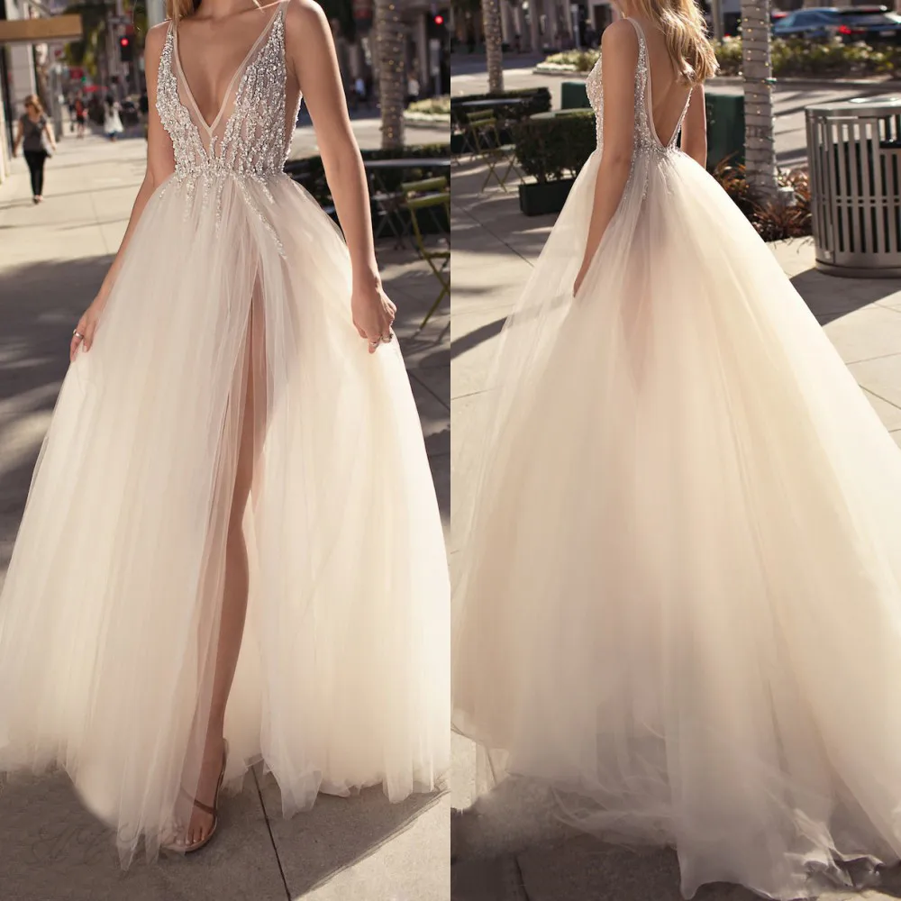 Charming 2019 Tulle Evening Gowns Backless V Neck High Split Sexy Prom Party Gowns Custom Made Special Occasion Dresses Cheap