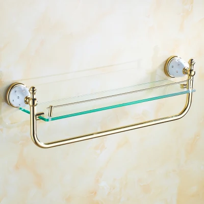 63GD серия золотые полированные полки для ванной комнаты с бриллиантовым держателем для полотенец и крюком со стеклянной полкой - Цвет: single tier gold