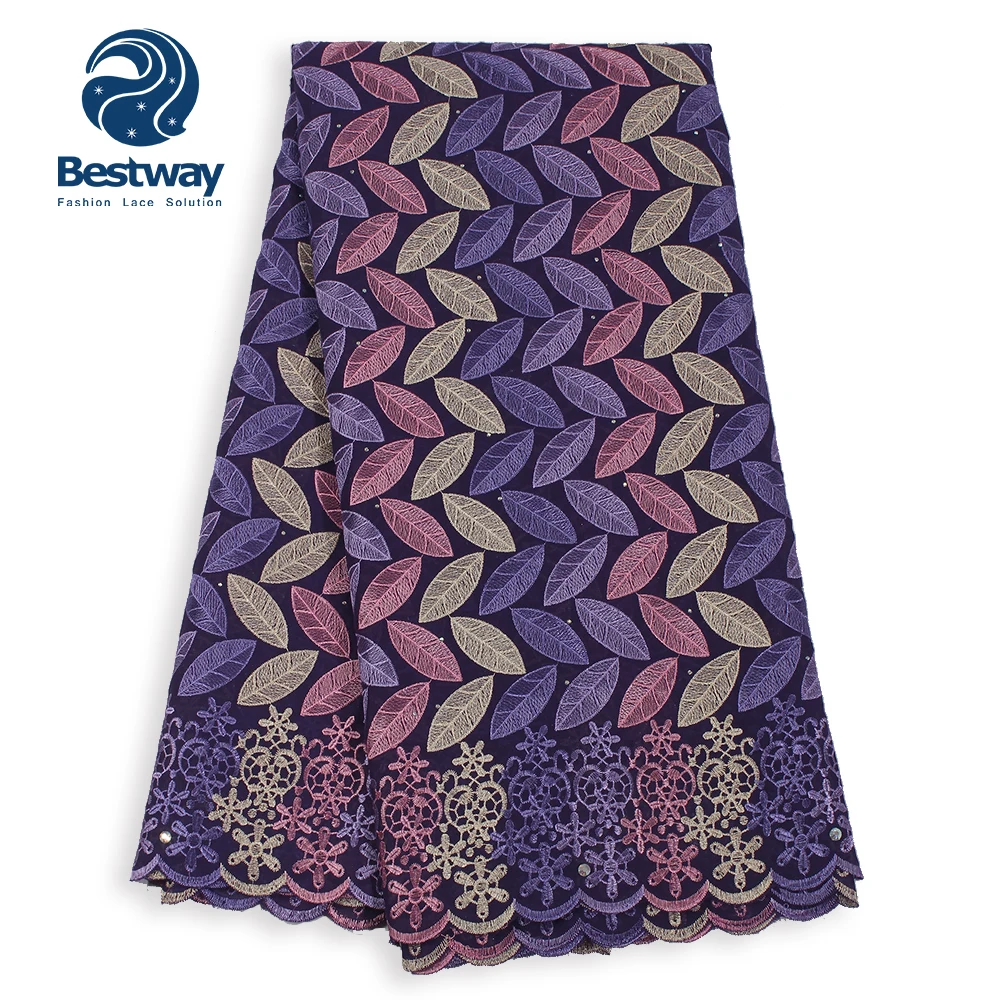 

Bestway Latest Style Laces Fabrics Swiss Voile In Switzerland Embroidered With Leaves Lace Rhinestones Fabric For Party Dress