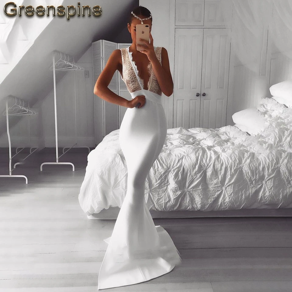 

Stylish White Mermaid Prom Dress 2019 Vestido Gala Women Evening Gown Deep V Neck Formal Long Party Dresses China Custom Made