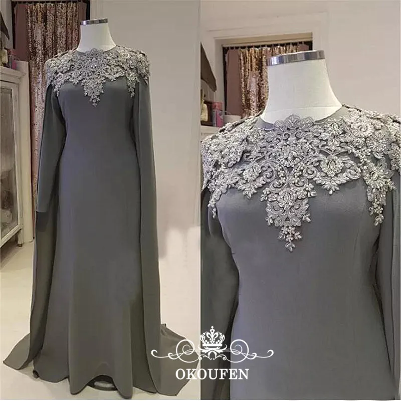 Kaftan abaya Aarabic, женское платье для мамы невесты, накидка, длинные рукава, аппликация,, серое, Русалка, вечернее платье, официальное платье