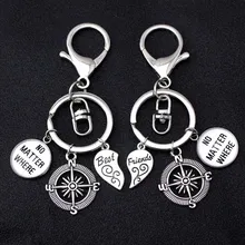 Compass Best Friends Keychains No Matter Where Heart Love Wings Hand KeyChain Keyring Key Chain Women Men Unisex Jewelry Gift 1pc earth airplane keychains no matter where pendant travel keyring friendship best friend jewelry diy handmade