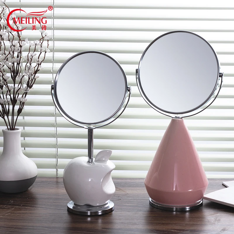 

Modern Home Decor Mirror Makeup Double-Side Glass Rotatable For Vanity Bathroom Decoration Ceramic Table Mirror Apple Vase Stand