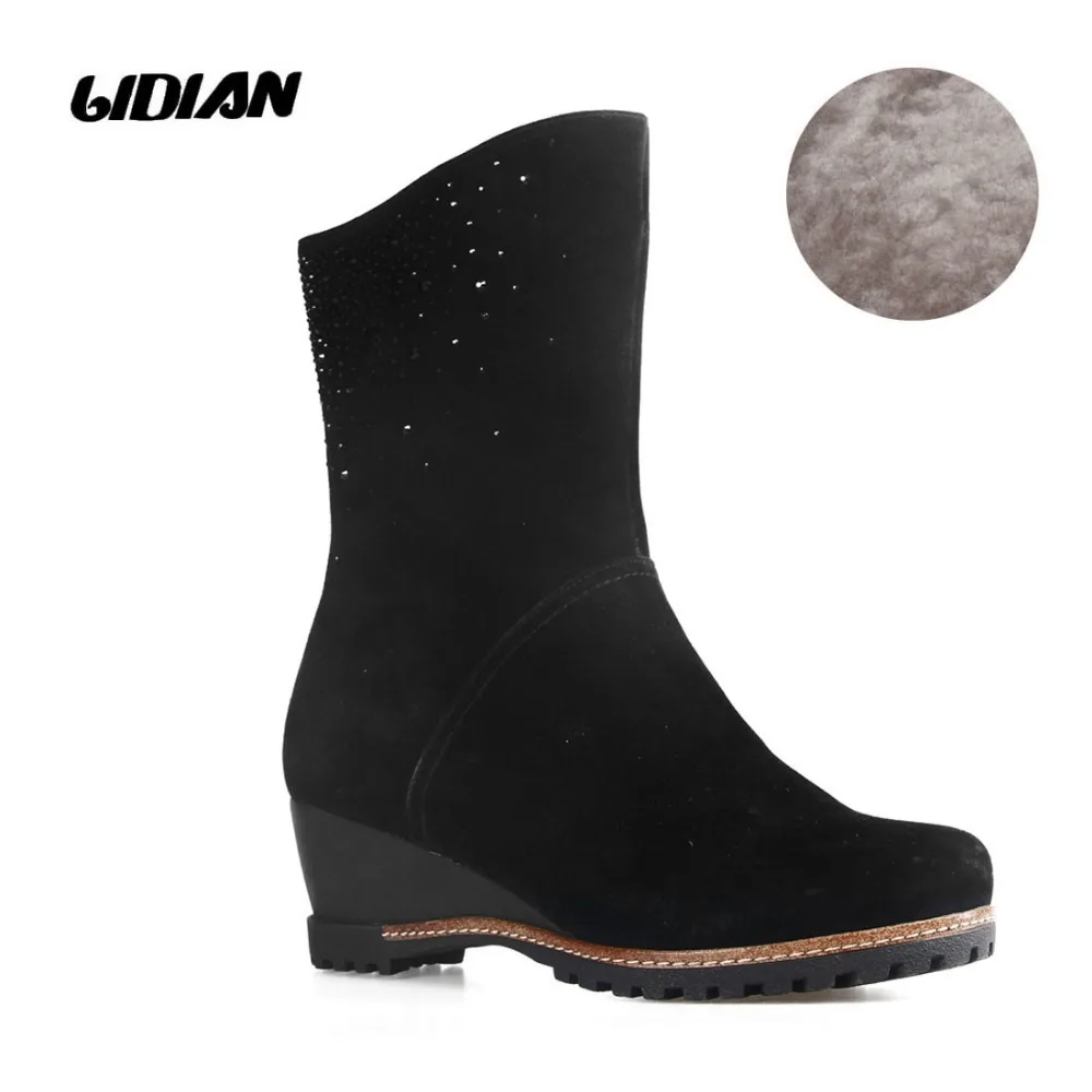 

LIDIAN Fashion Wool Fur Boots Black Crystal Shoes For Winter High Heel Wedges 35-40 Shoes Solid Le Wedges woman shoes B24