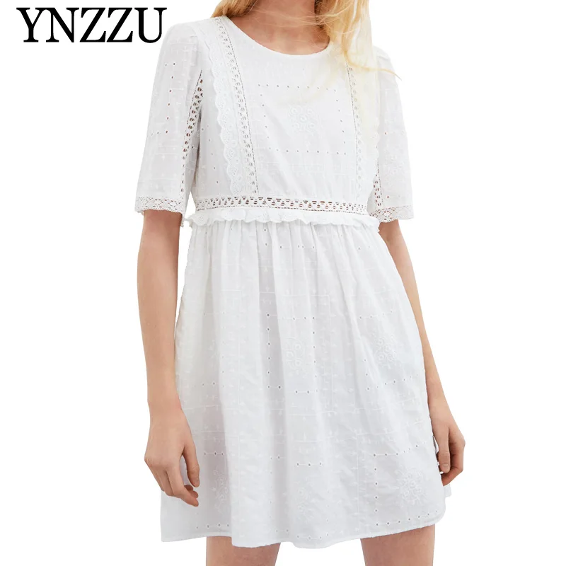 

YNZZU Embroidery 2019 New Summer Dress Women Solid O Neck Short Sleeve Ruched Hollow Loose White Short Dress Vestidos YD237