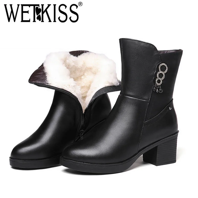 

WETKISS Leather Ankle Women Boots Round Toe Crystal Footwear High Heels Female Boot Warm Wool Shoes Woman Winter Plus Size 43