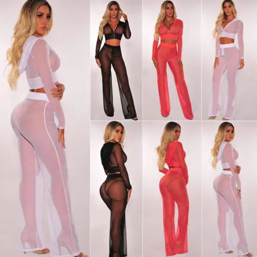2018 New Sexy Women Mesh Bikini Swimwear Cover Up See Through Beach Dress Fishnet Bathing Suit Clubwear Trousers Pants Crop Top |