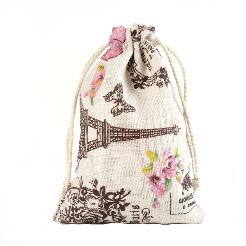 Cotton Drawstring Bag Sachet Jewelry Pouch Tower Flower Print 50pcs