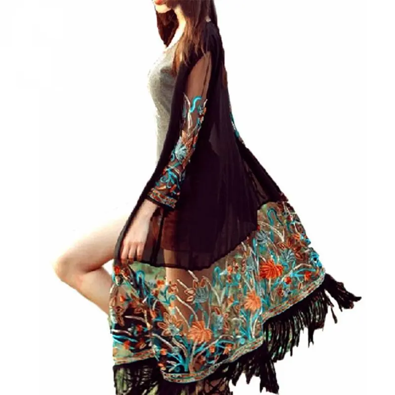Women Vintage Tradition Floral Tassel Summer Blouse Boho Patchwork Embroidery Transparet Beach Top Chiffon Kimono Long Cardigan