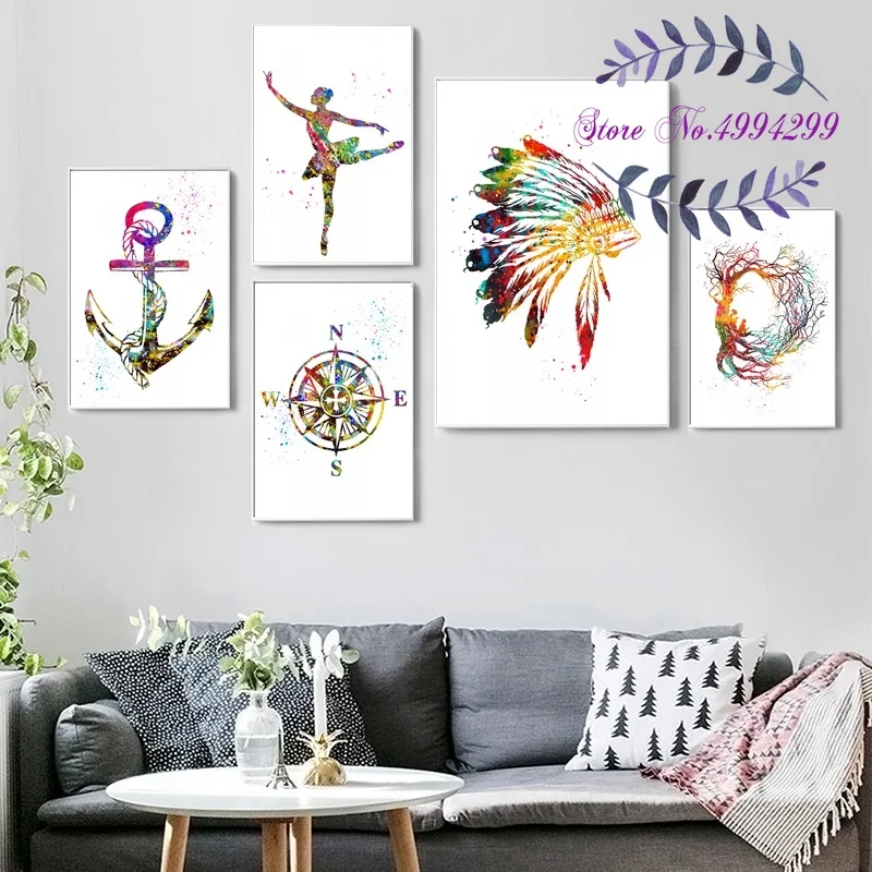 

Water Colorful Anchor Ballet Dancer Chief Headdress Children reading Compass Posters And Prints Wall Canvas Art Print Home Decor