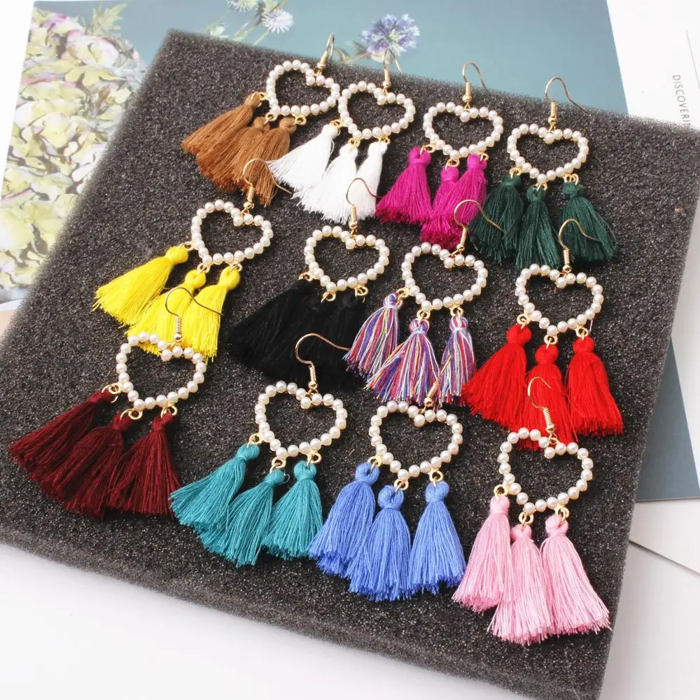 

New Vintage Bohemian Tassel Earrings for Women Pearl Love Heart Long Drop Earrings Evening Party Bridal Fringed Jewelry Gift