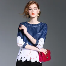 Американская женская летняя Весенняя модная кружевная Лоскутная открытая футболка с рукавом три четверти, Женская Повседневная футболка размера плюс с вышивкой