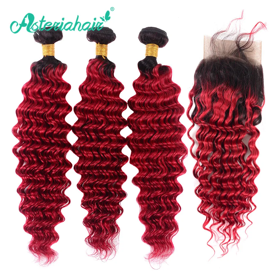 Asteria Brazilian Deep Wave Human Hair Bundles With Closure 1B/Red
