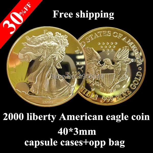 

Hot Sale, Free Shipping 1Pcs/Lot 100 MILLS.999 Gold-Plated Year 2000 Liberty Coin,American Eagle Gold Clad Coin