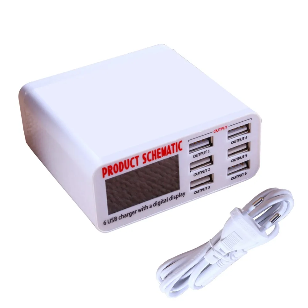6A 30W 6-Port USB Fast Wall Charger Desktop Charging Station with LCD Display and Auto Detect Technology for iPhone iPad Samsung |