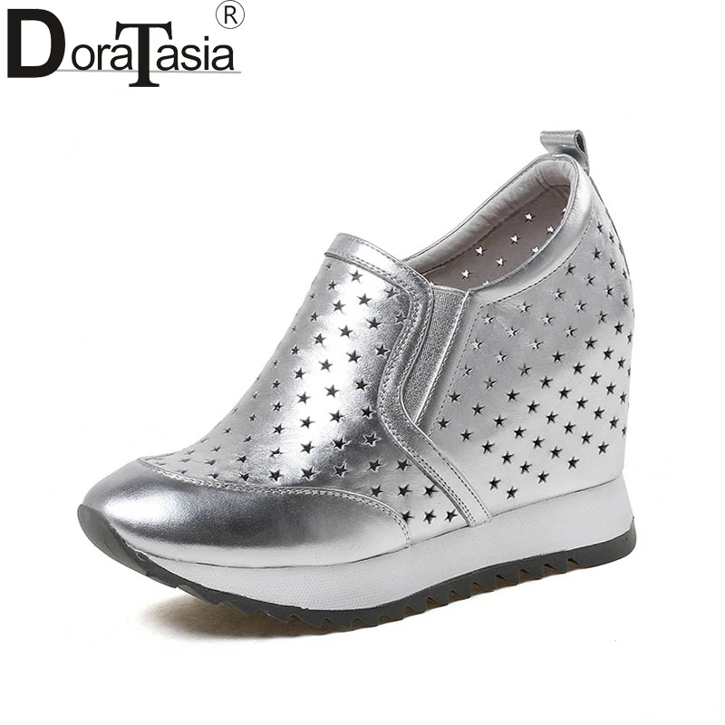 

DoraTasia 2018 New Large Size 33-40 Genuine Leather Wedge High Heels Platform Pumps Woman Slip On Woman Shoes Footwear