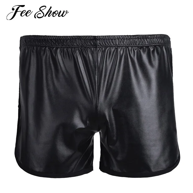 

Men's Shiny Faux Leather Hot Boxer Short Pants with a Back Pocket Fashion Black Elastic Waistband Wetlook Stretchy Shorts