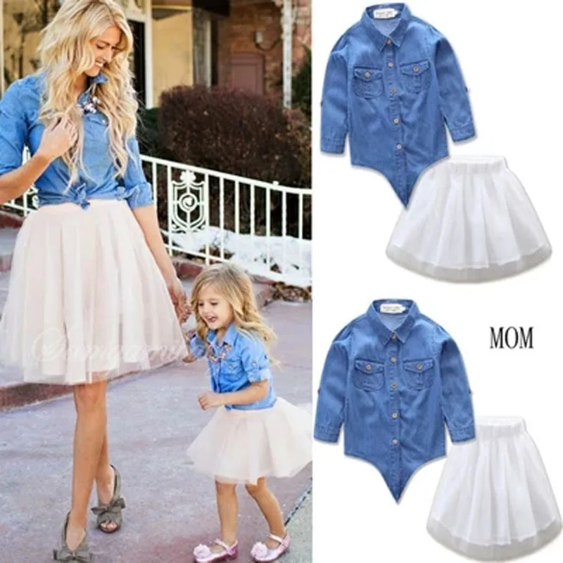 Mother Daughter Clothes Family Look Mum Daughter Denim Jeans Blouse and