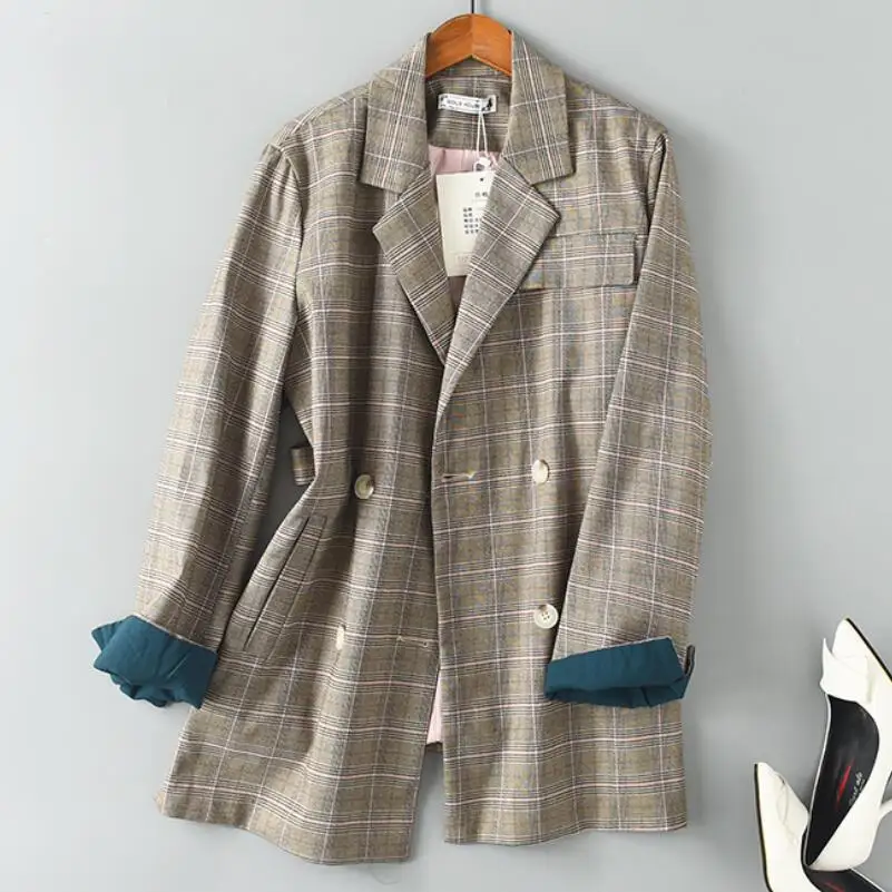 2018 Autumn Plaid Long Blazer Women double breasted Blazer