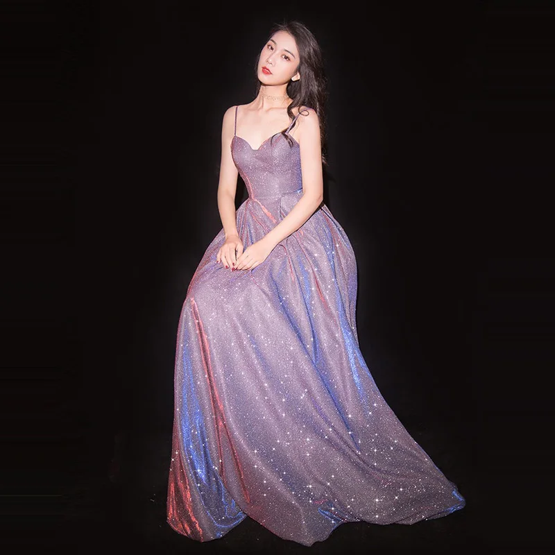 Это YiiYa вечернее платье Спагетти ремень сексуальные фиолетовые Формальные платья блестящие звезды без бретелек Длинные вечерние платья E087