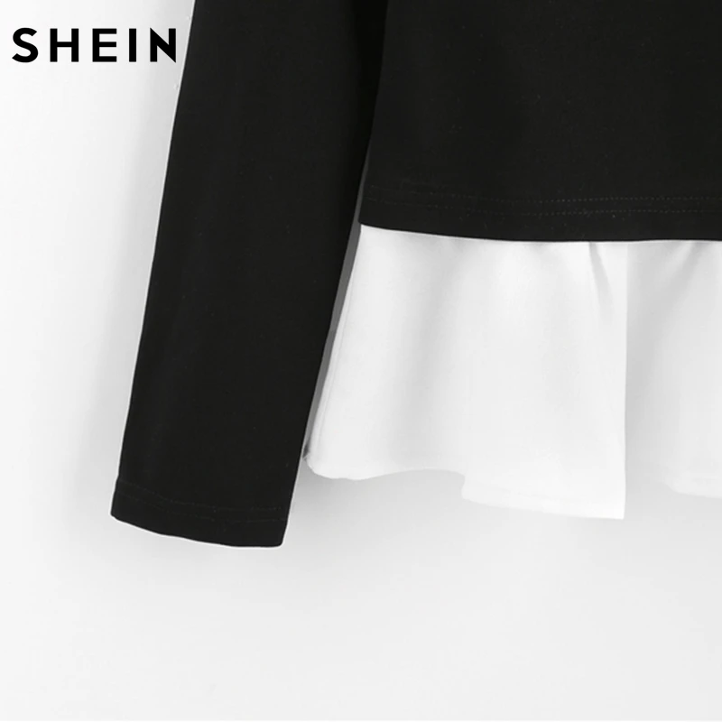 SHEIN Модные топы с контрастной отделкой и жемчужинами, Осенний Топ черного и белого цветов, Элегантная футболка с длинным рукавом