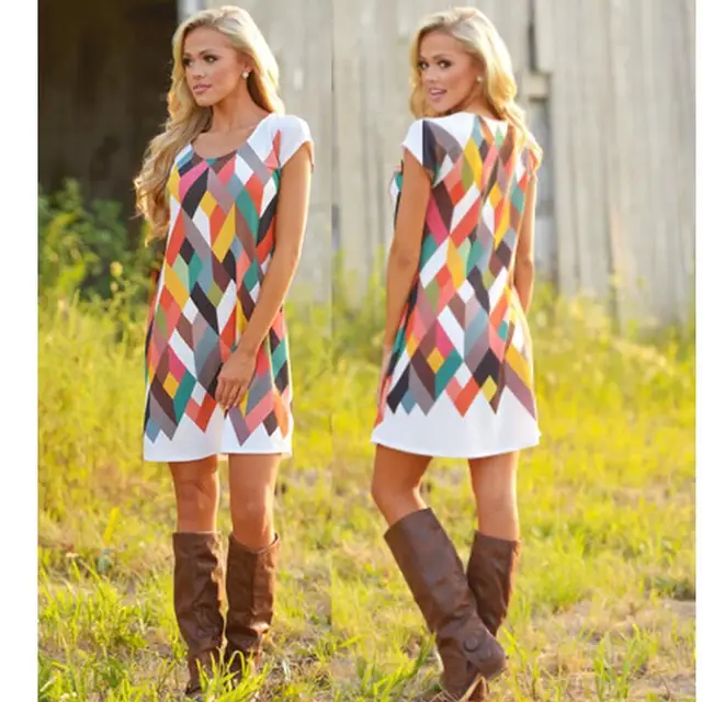 Us 388 24 Offaliexpresscom Buy Ladies Summer Print Boho Dress Women Casual Retro Loose Beach Dress Plus Size Short Sleeve Bohemian Rainbow