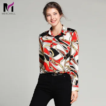

Merchall Work Blouse Women 2019 New Spring Long Sleeve Turn Down Collar Floral Print Color Block Office Casual Runway Shirts