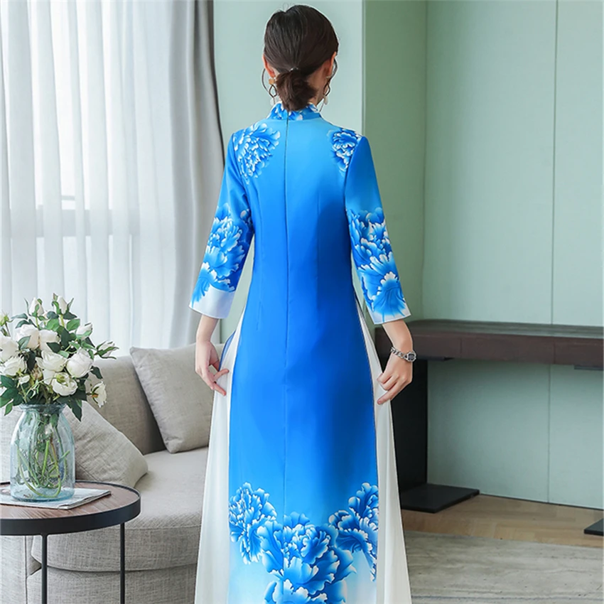 Традиционная вьетнамская одежда Aodai Vietmam одежда синий цветочный Азиатский китайский стиль Cheongsam для женщин Ao Dai Qipao платье