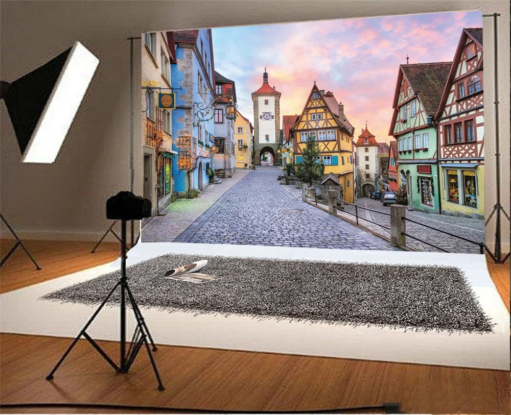Laeacco Town Houses Streets Arch Door Photography Backgrounds Digital Customized Photographic Backdrops For Photo Studio
