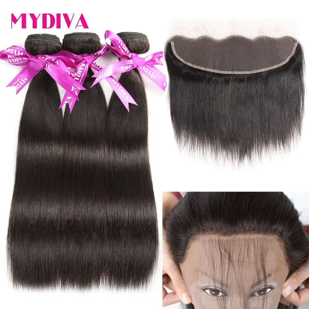 Mydiva 13''*4'' Ear To Ear Lace Frontal With Hair Bundles Peruvian
Straight Natural Color 4Pcs/Lot Non-Remy Human Hair Extension