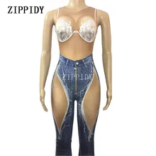 Для женщин модные, пикантные джинсовые комбинезон с принтом обтягивающие леггинсы боди этап джинсы с кружевом с принтом Комбинезон с прозрачными вставками большой стрейч платье