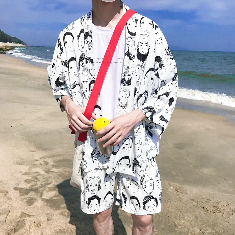 

Full Print Three Quater Sleeve Kimono Jacket Men Summer Sun Proof Thin Men's Jackets Black White