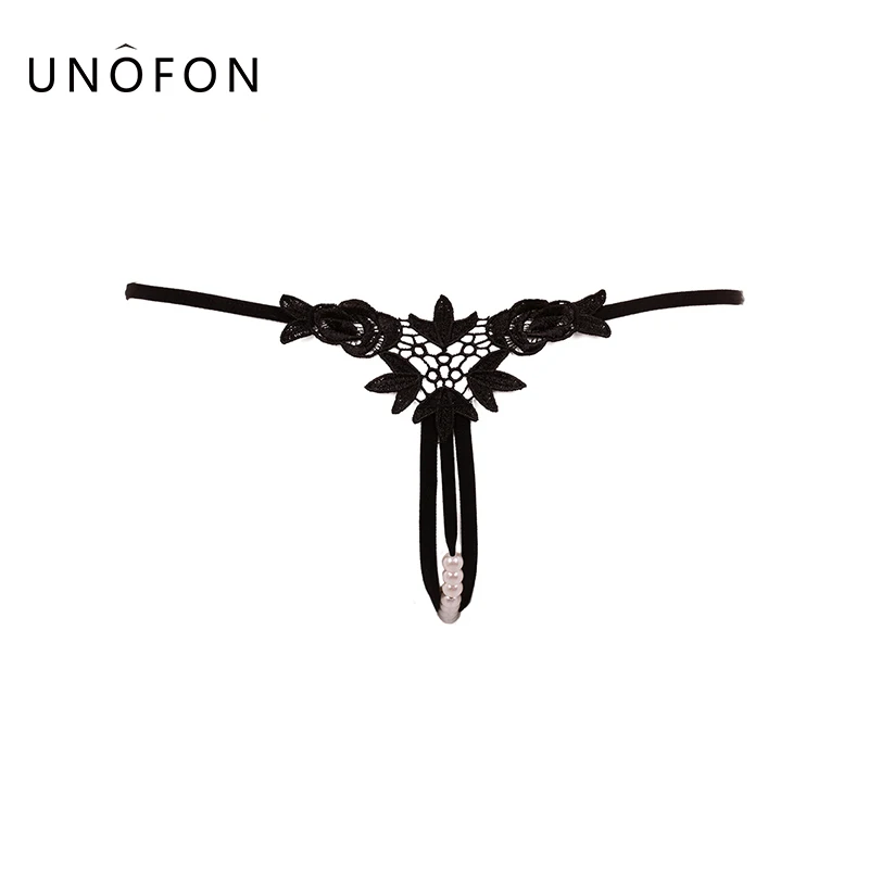 

UNOFON sexy pearl decorated T-BACK : embroidery, transparent