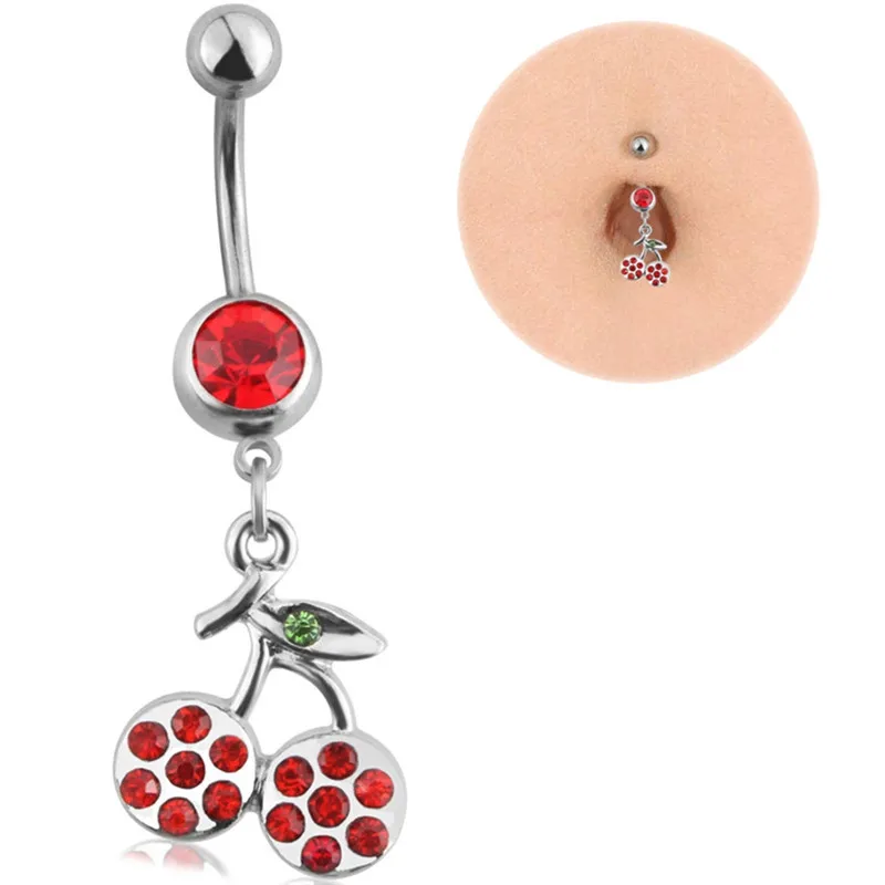 PINKSEE 1PC Sweet Cute Rhinestone Red Cherry Navel Belly Button Barbell