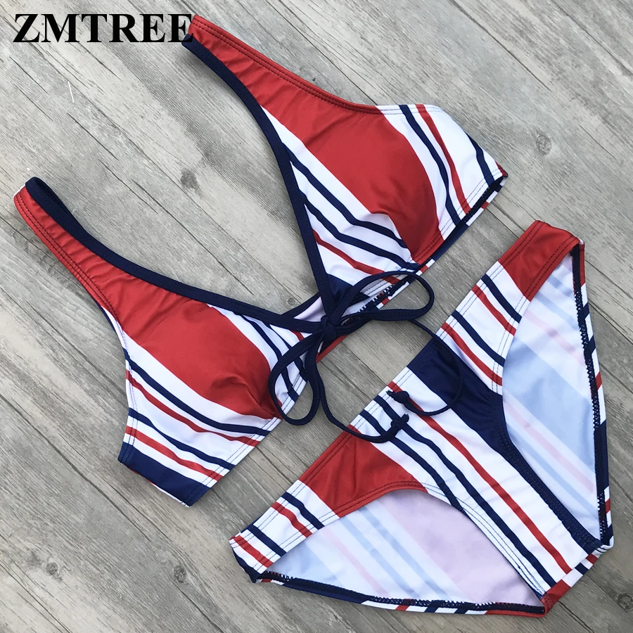 

ZMTREE Sale Tankini Top Swimwear Women Bkinis Set Striped Beach Wear Middle Waist Swimsuit Summer Swim wear