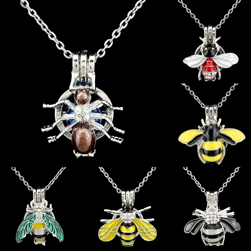 

Mix Colors Enamel Insect Rhinestone Spider Bee Fly Beads Pearl Cage Perfume Diffuser Pendants Locket Necklace