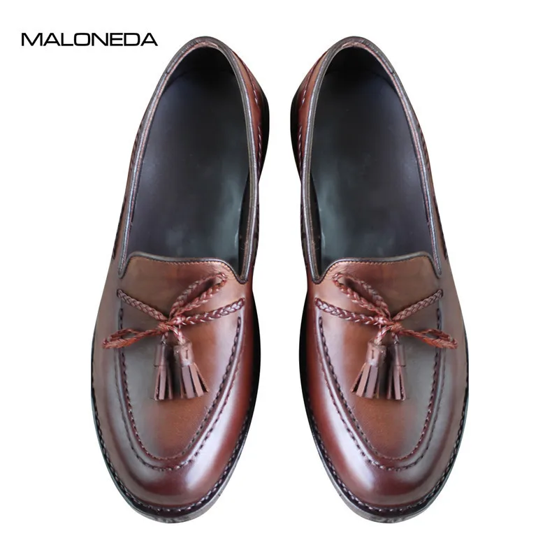 

MALONEDA Custom Made Men's Woven Tassels Shoes Handmade Goodyear Classic Casual Full Genuine Leather Slip on Loafers Shoes
