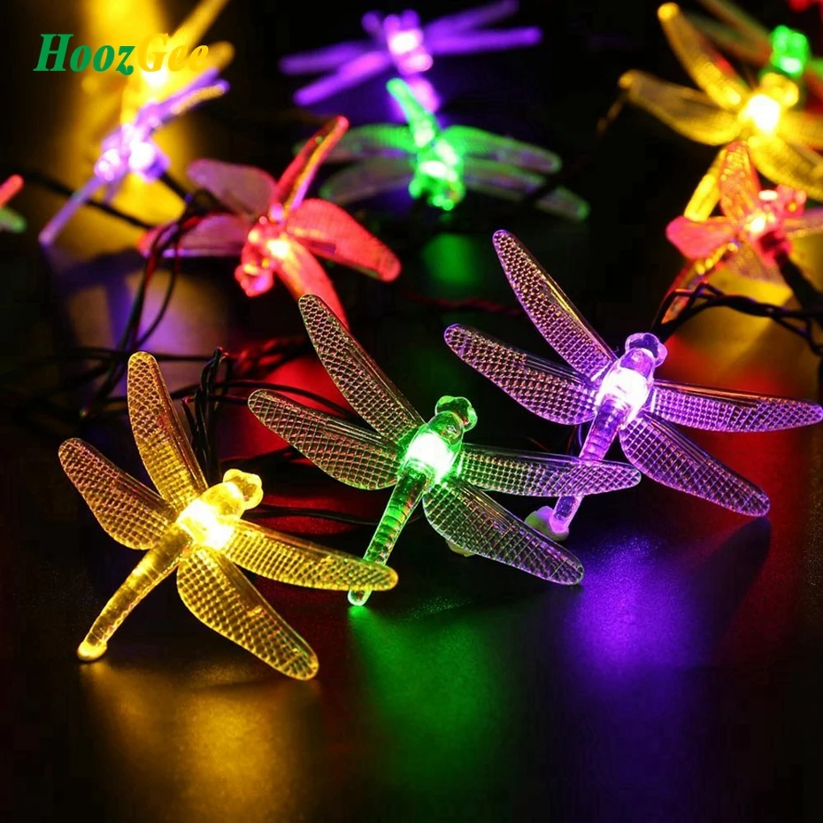 

HoozGee Solar Lighting String Fairy Light Outdoor Garden 20 LED Multicolor Dragonfly Shape Patio Decor Dream Energy Saving