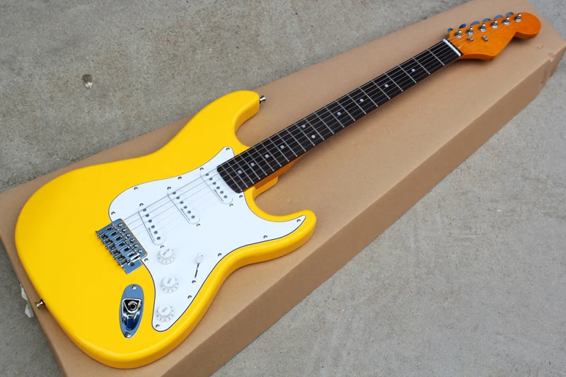 Factory custom hot sale yellow body electric guitar with SSS pickups,white pickguard,chrome hardware,can be customized