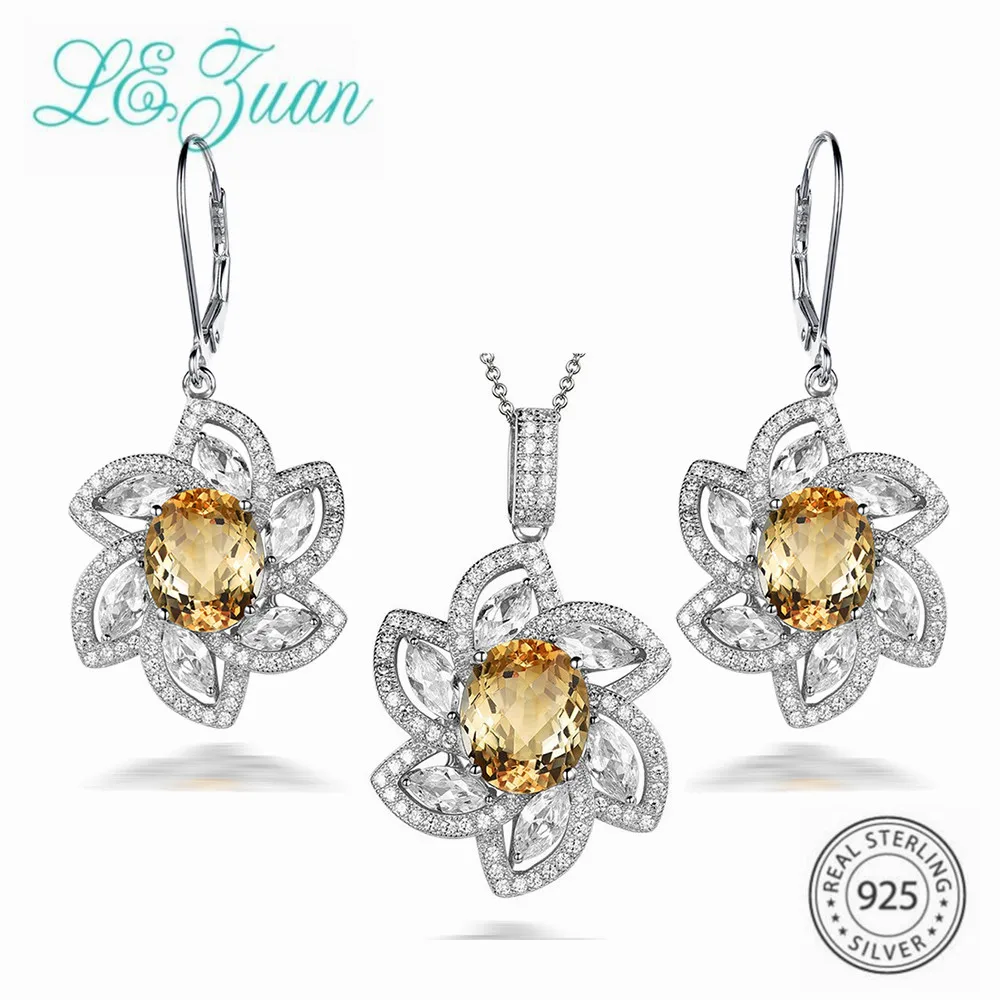 L& zuan 9.89CT натуральные ювелирные изделия с цитрином набор в Настоящее серебро 925 проба клипсы сережки/кулон с серебряной цепочкой овальный желтый камень