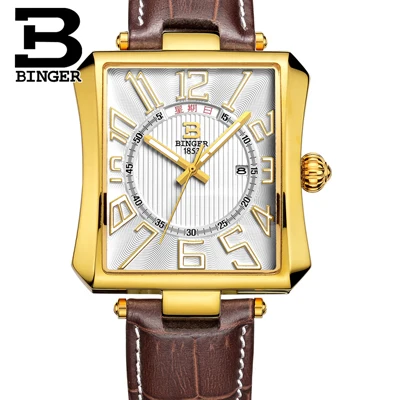 Швейцарские Бингер мужские часы люксовый бренд Tonneau кварцевые часы водонепроницаемые с кожаным ремешком Мужские наручные часы B3038-2 - Цвет: Item 4