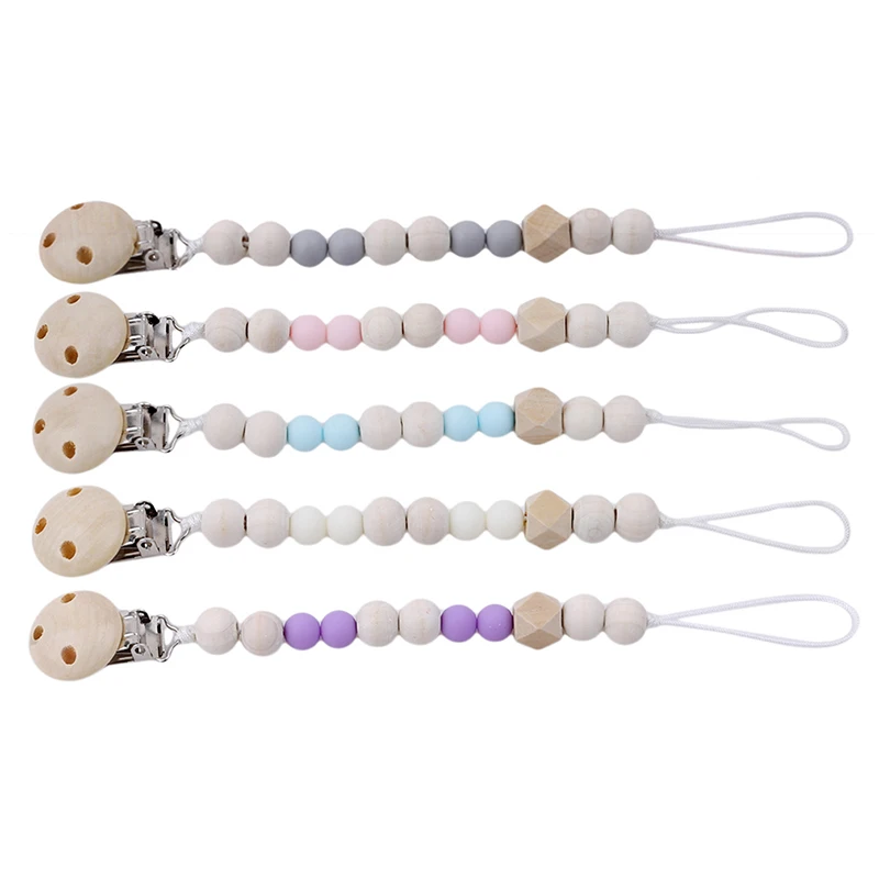 

Handmade Wooden Pacifier Chains Safe Teething Chain Baby Teether Pacifier Clips Holder Chain For Infant Nipple Bottle Clip Chain