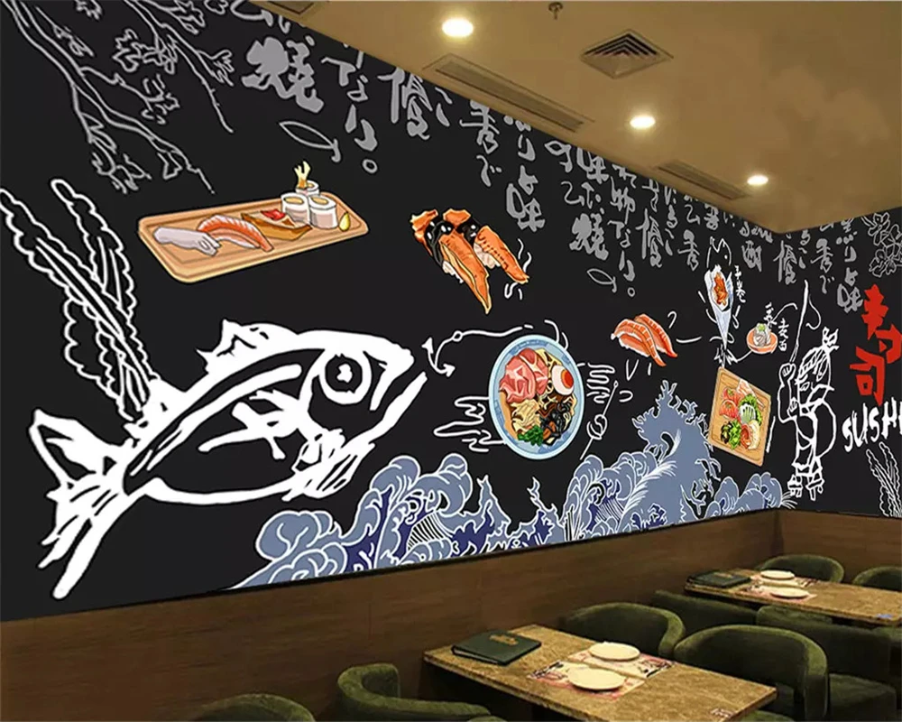 

beibehang Vinyl wall Custom sticker wallpaper hand drawn black cuisine sushi restaurant background wall 3 d wallpaper for walls