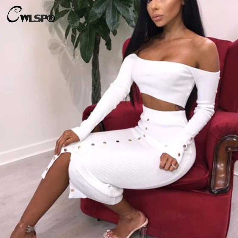 CWLSP 2018 Autumn Slash Neck Women Dress Two Pieces Set Crop Top Long Sleeve Off Shoulder Ribbed Dress With Rivet Split Vestidos CWLSP 2018 Autumn Slash Neck Women Dress Two Pieces Set Crop Top Long Sleeve Off Shoulder Ribbed Dress With Rivet Split Vestidos
