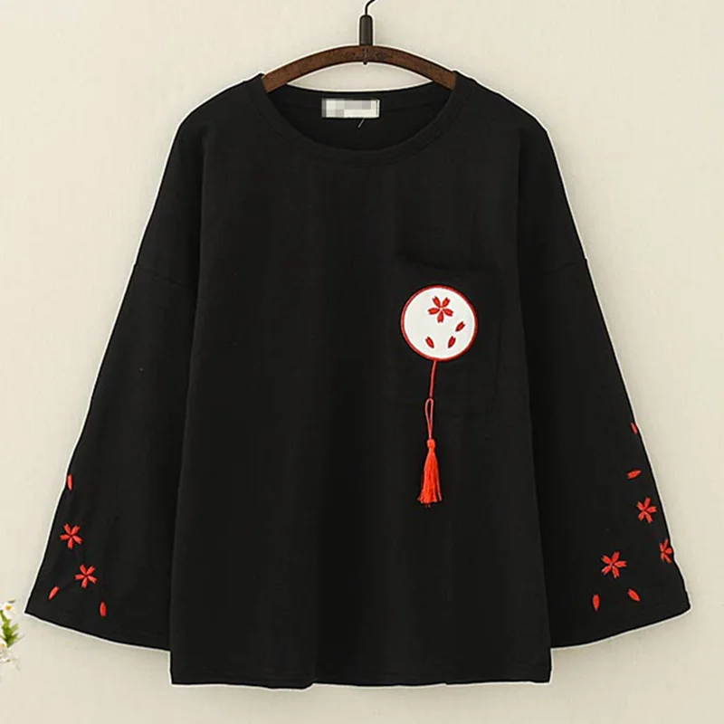 Harajuku Cherry Blossoms Embroidery Women T-Shirts Fashion Japanese Tassels Long Sleeves O-Neck Tops Tee For Girls